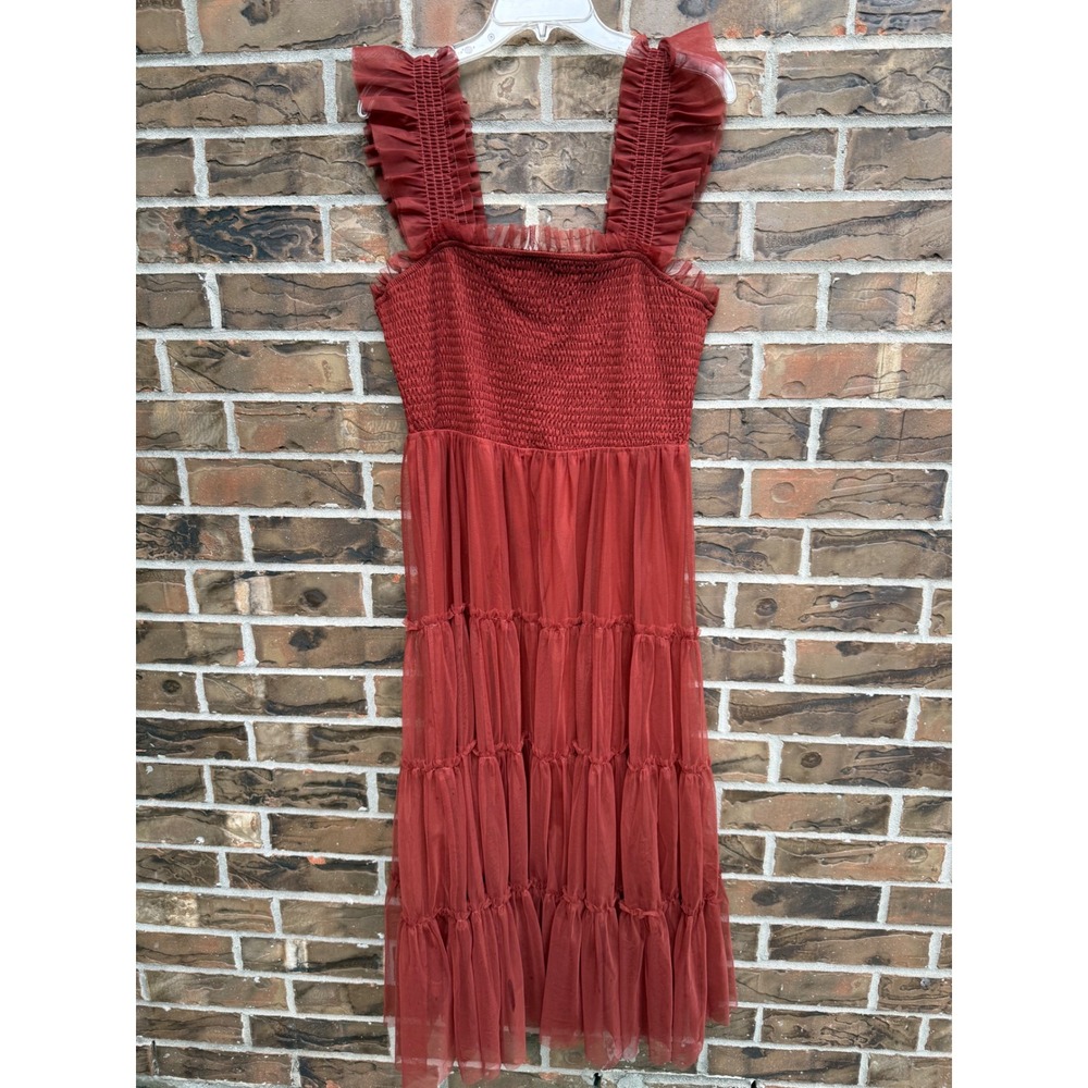 Baltic Born Rust Red Smocked Tulle Tiered Midi Dress 1X LD1123BB Womens
